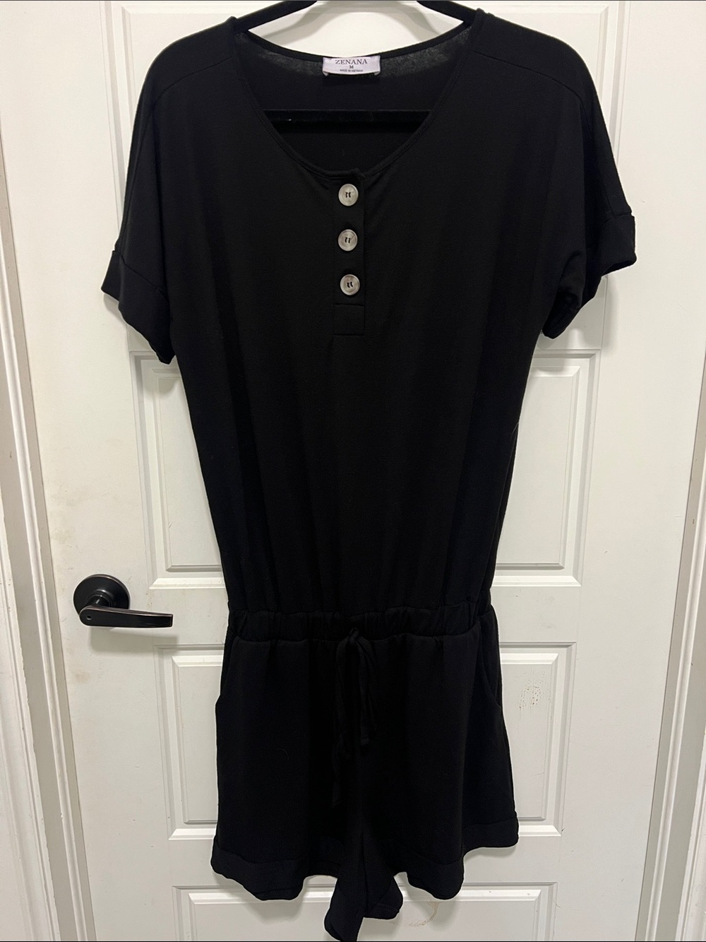 Zenana Outfitters Black Short-Sleeve Button Front Romper